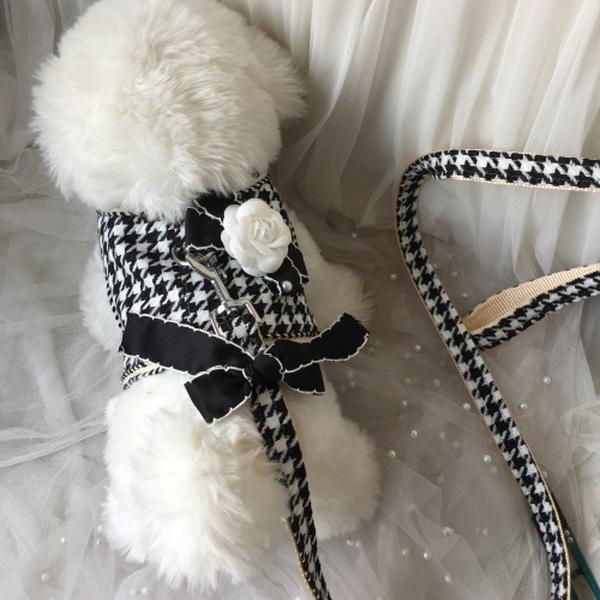 Elegant Houndstooth Dog Harness Leash Set with Bow Tie Stylish and Comfortable Pet Fashion Summer Thin Vest