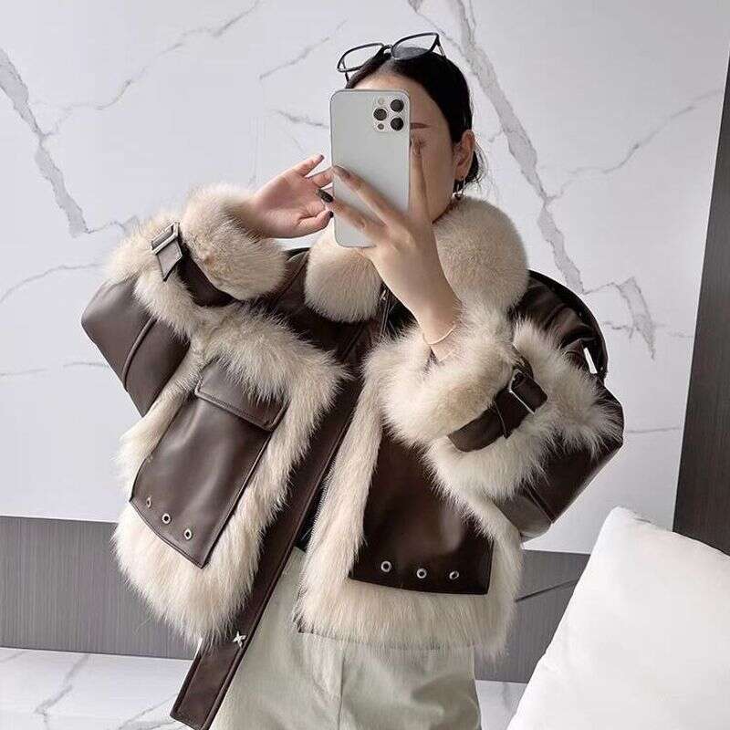 Women's Fox Patchwork Fur Motorcycle Vintage Loose Jacket fur coat