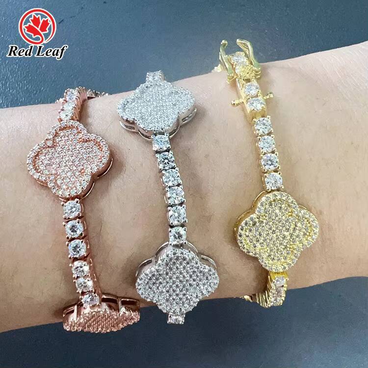 Redleaf Flower Shape 925 Sterling Silver Plated 18K Gold Bracelet Round D VVS1 Moissanite Tennis Bracelet Bangle