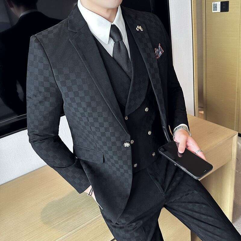Suit Three Piece Shiny And Dark Plaid Men's Wedding Groom Set, Best Suit, Man