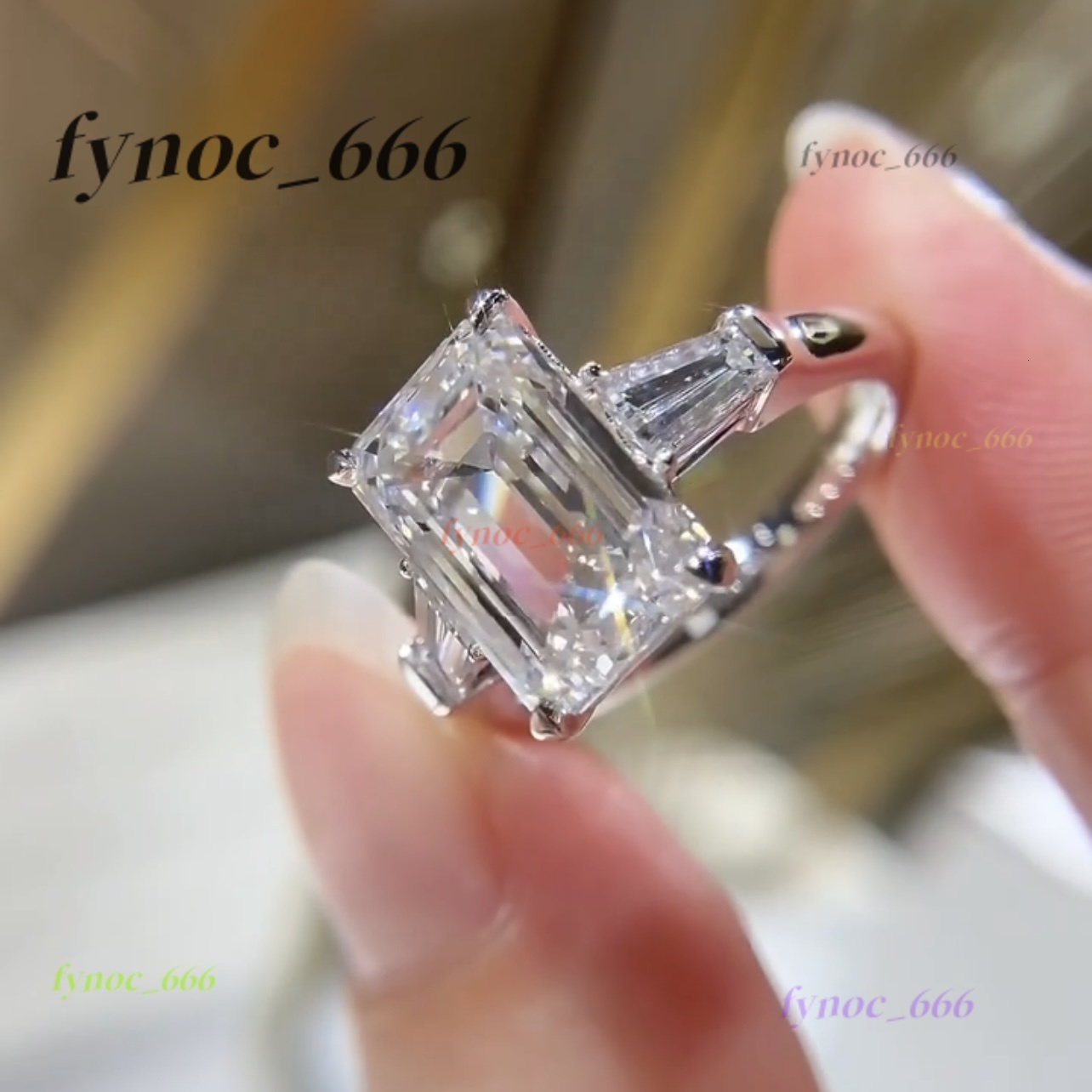 14K White Gold VVS DEF Color 4CT Emerald Cut CVD Lab Diamond Engagement Ring Three Stone Design