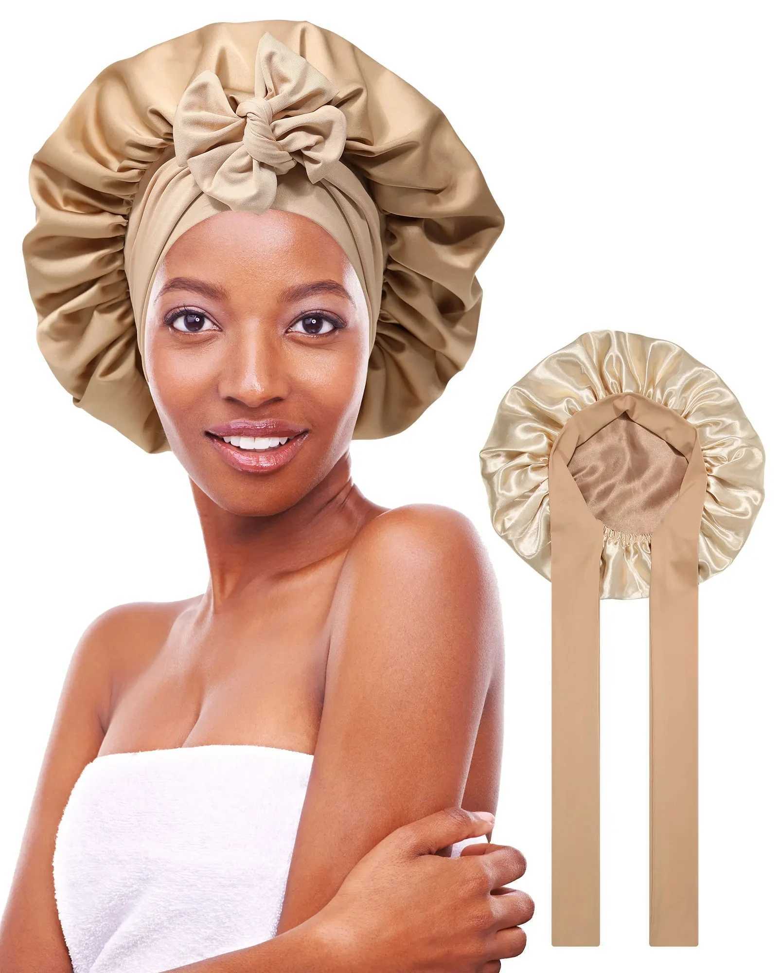 Long Silk Bonnet For Sleeping With Wide Elastic Band Comfortable Head Cover For Night Sleep Hair Care Women Long Hair Curly Z250808