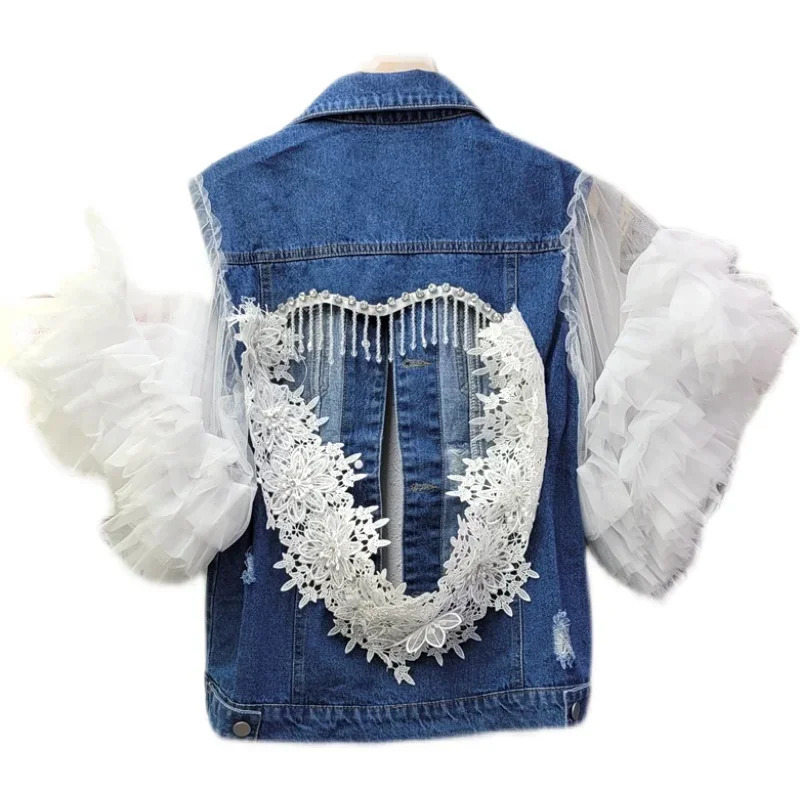 Tassels Lace Sticthing Denim Vest Coat Back Love Hollow Diamonds Fringed Embroidery Jeans Waistcoat Mesh Spliced Vests Tank Tops 250804