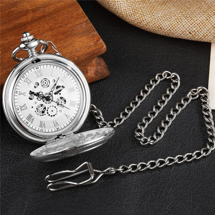 Pocketwatch Silver Roman Numerals Antique Hand Wind Mechanical Pocket Watch Skeleton Steampunk Unique Gear Men Women Top 250807