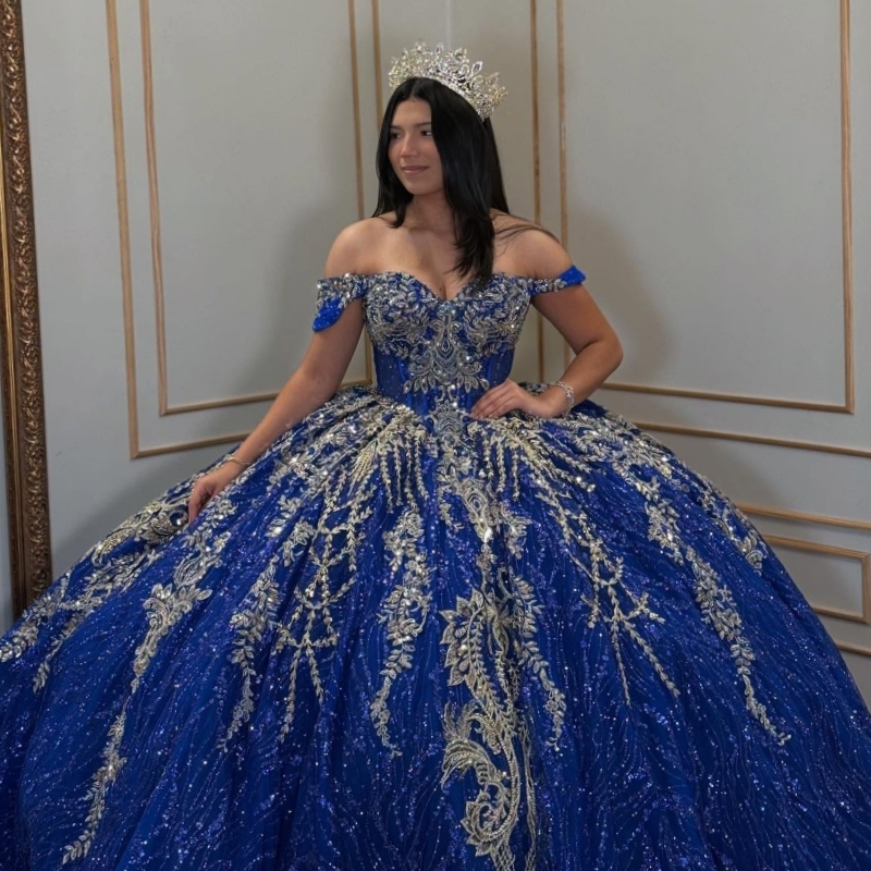 Royal Blue Shiny Quinceanera Dresses Off The Shoulder Applique Lace Beading Crystal Tull Ball Gown Vestidos 15 Anos Sweet 16 Dress