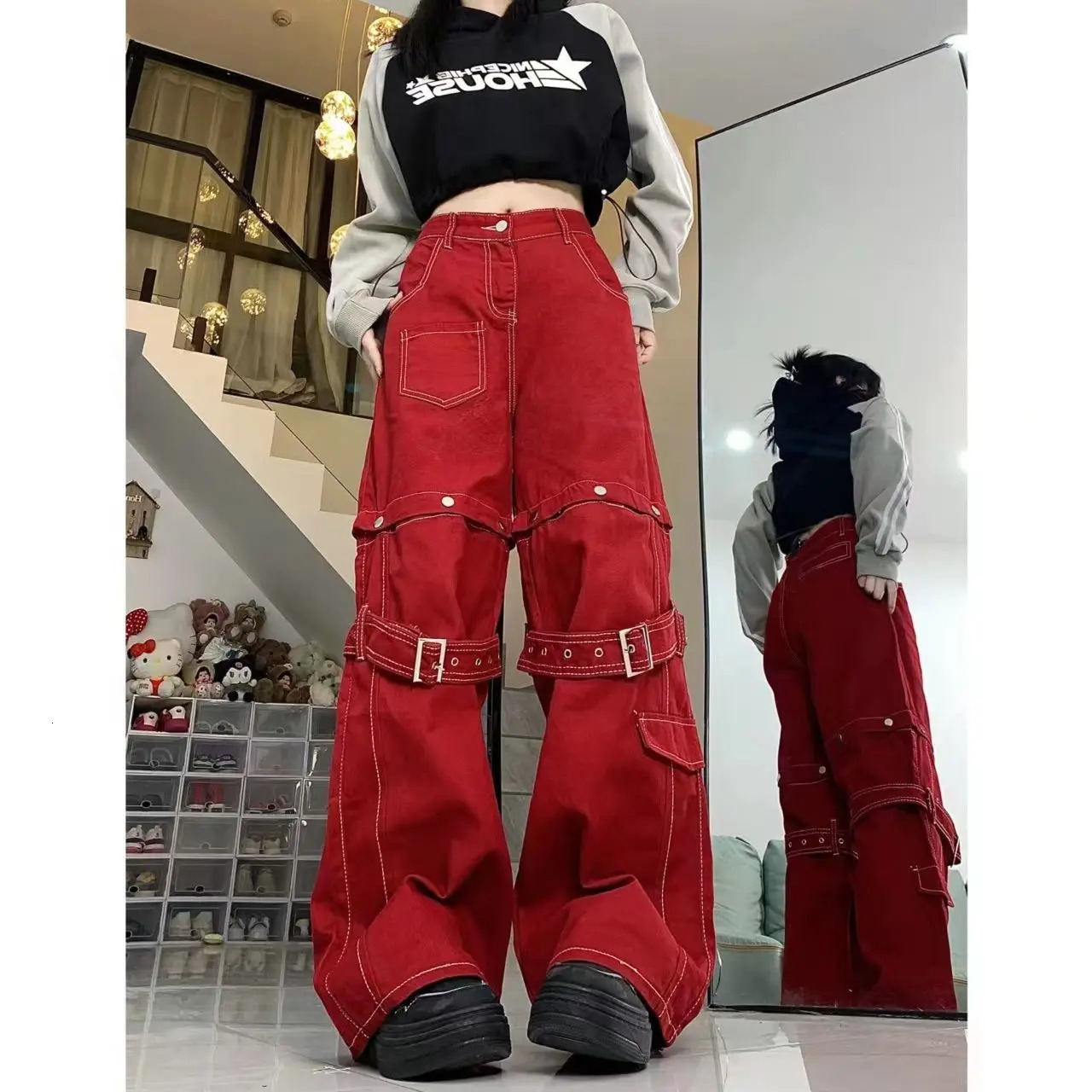 American Retro Heavy Industry Splicing Strap High Waist Jeans Women Autumn High Street Loose Casual Wide Leg Cargo Pants 250804