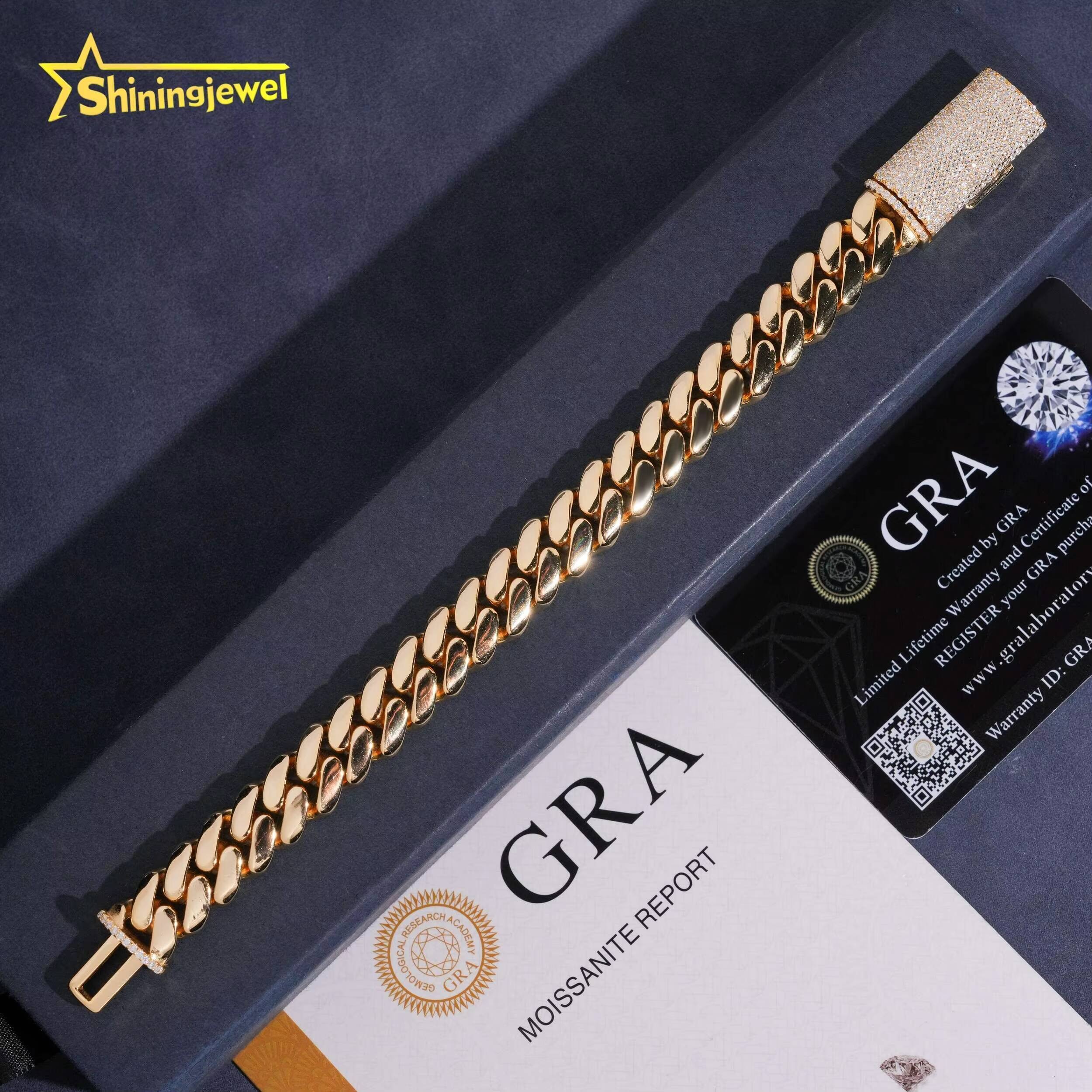 High Quality Hip Hop Jewelry 925 Sterling Silver 12mm Moissanite Lock Plain Cuban Link Chain Bracelet