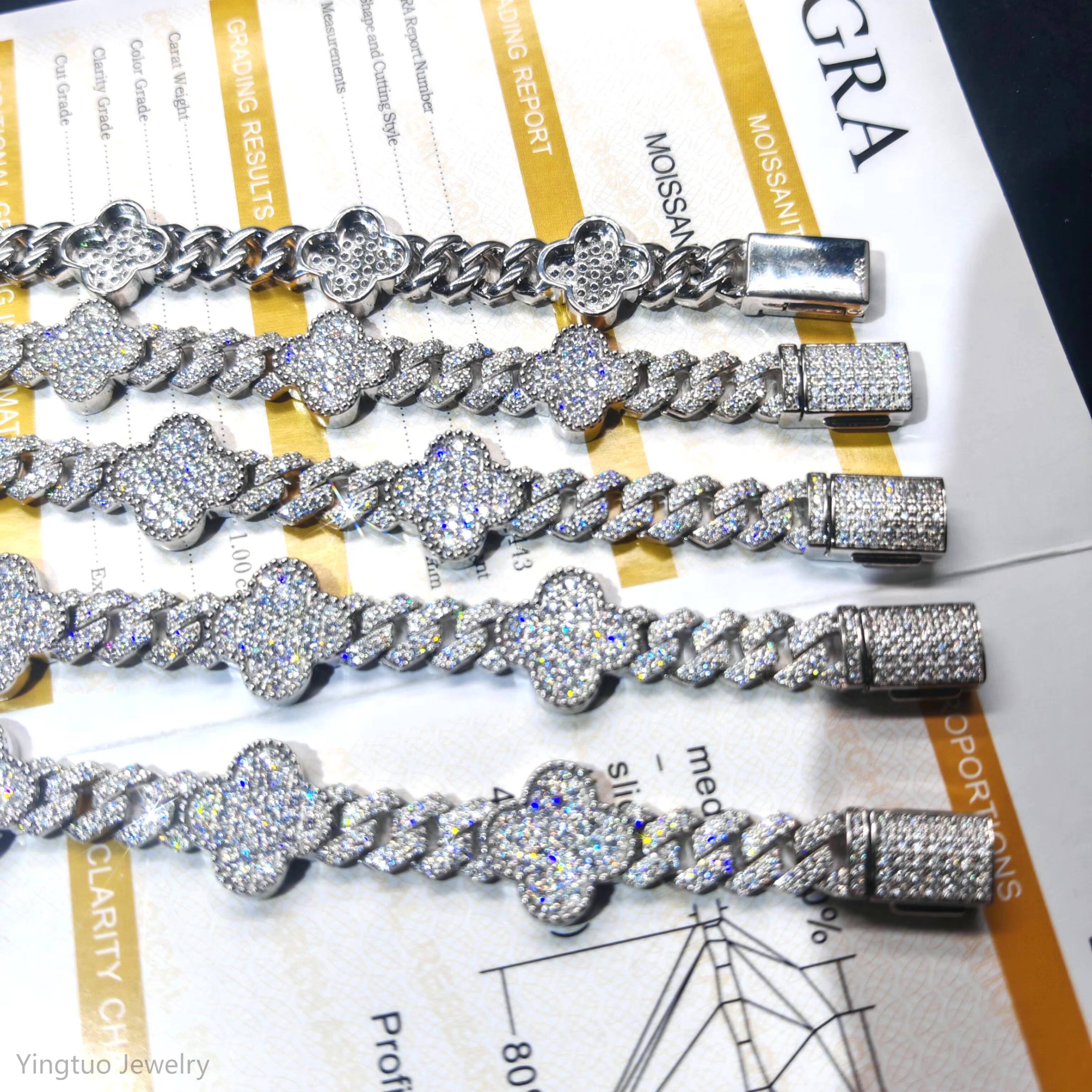 Yingtuo Jewelry Four Leaf Clover Bracelet S925 Silver D VVS1 Hip Hop Moissanite Bracelet Cuban Link Chain Bracelet