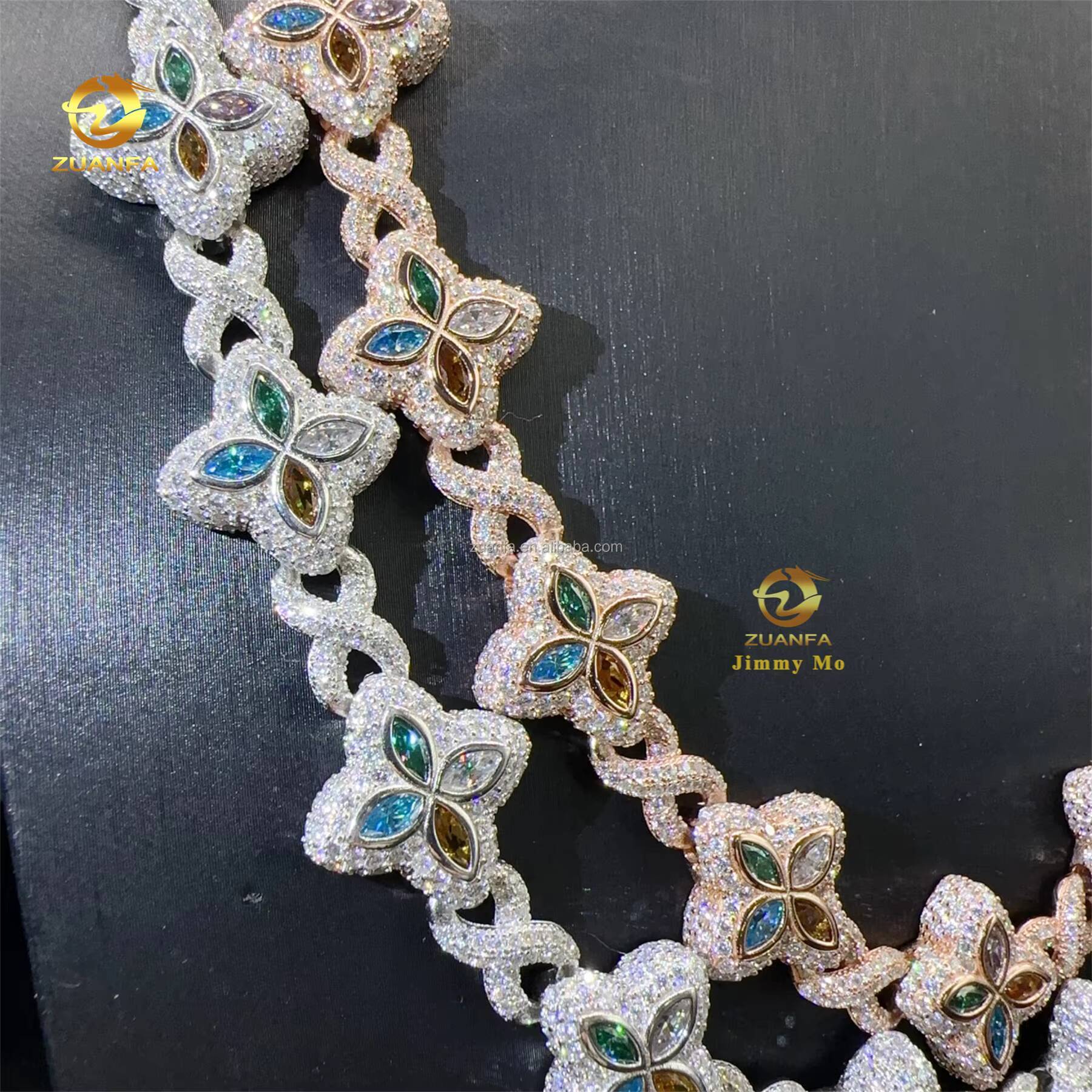 New Luxury Man Rapper Style Jewelry Iced Out Hip Hop VVS1 Fancy Moissanite Diamond Four Flowers Infinity Miami Cuban Link