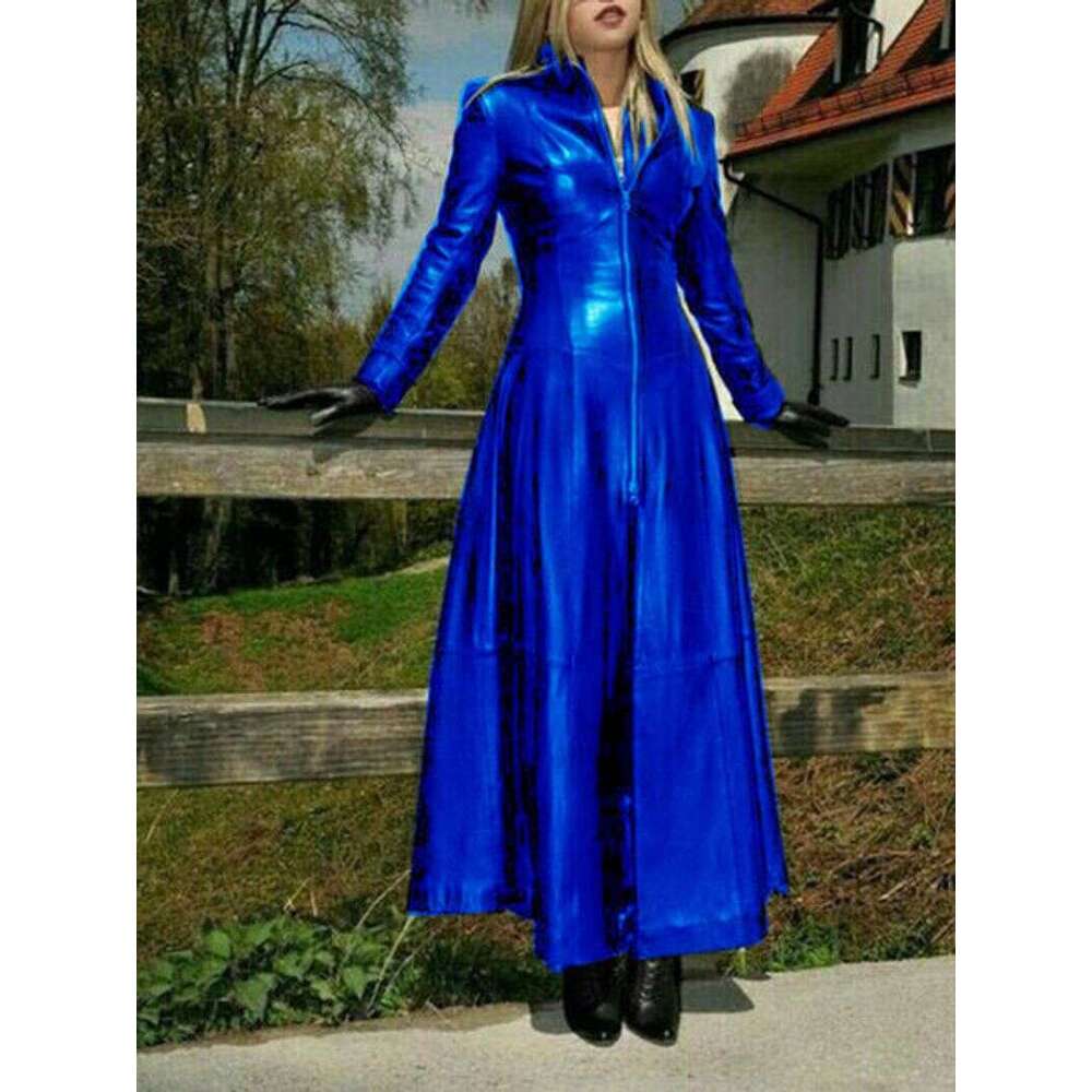 Women's Ultra Long Net Pu Small Stand Collar Leather fur Coat