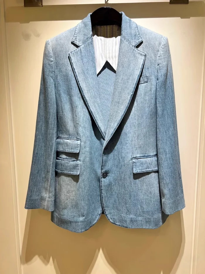 High Quality Cotton Pants Elegant Womens Denim Blue Blazer Outfits Fashion Ladies Vest Business Wear 250728