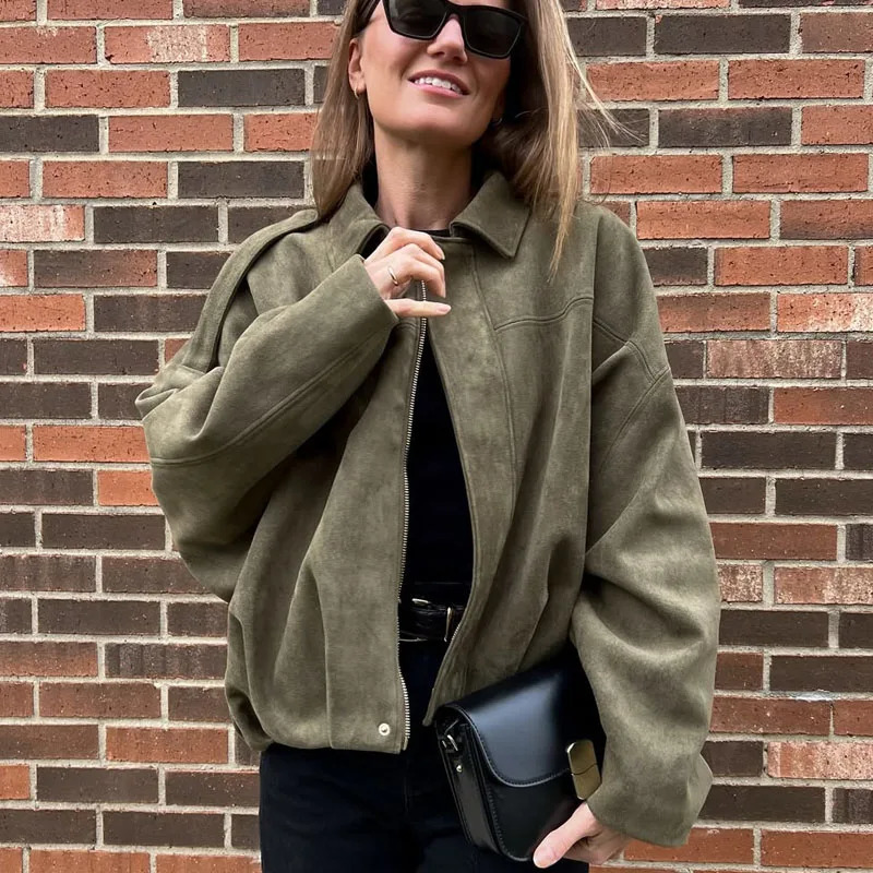 TRAF Spring Women Jacket Suede Zipper Bomber Outerwears Loose Fashion Vintage Black Green Coat Casual Streetwear 250805