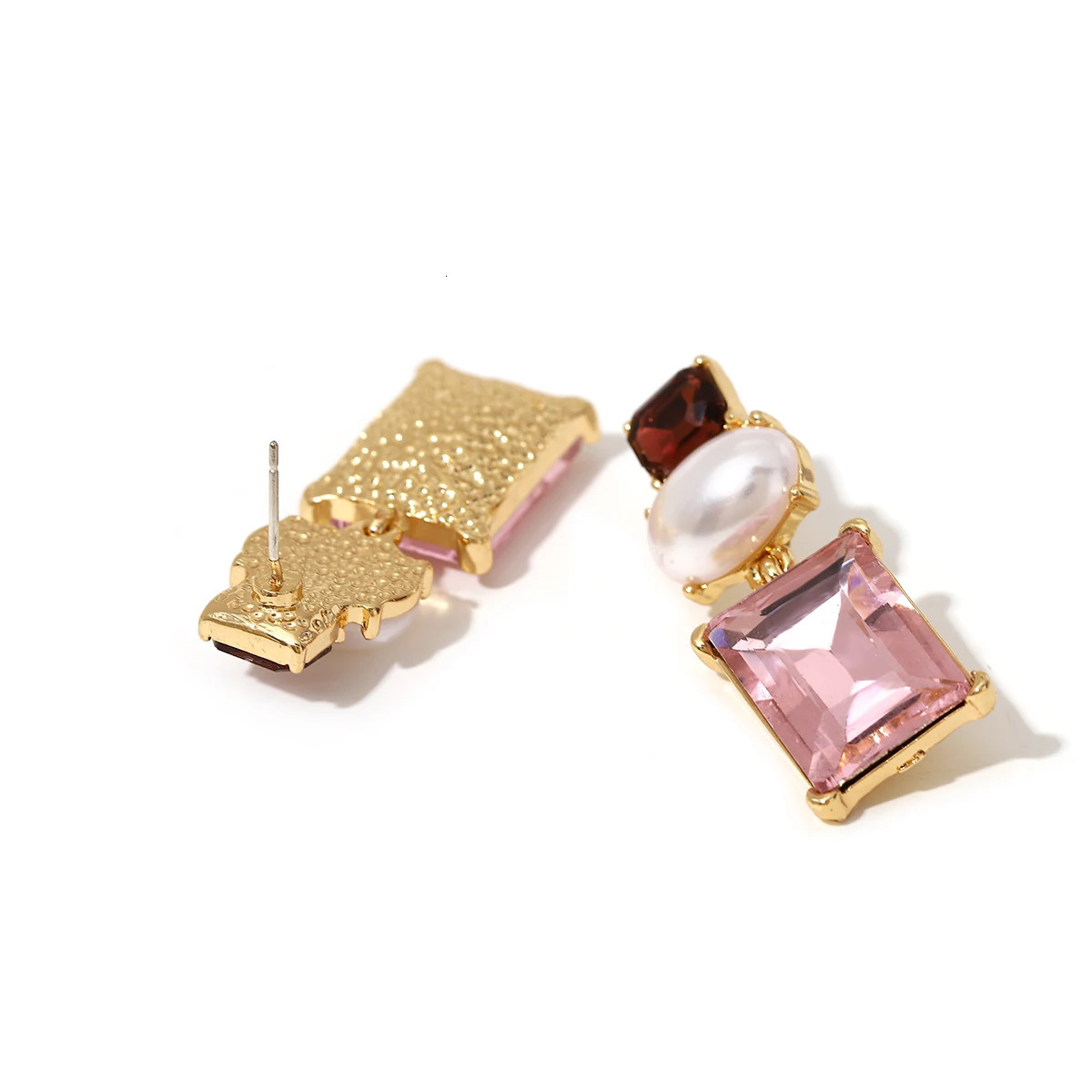 Lifefontier Pink Crystal Geometric Pearl Drop Earrings For Women Sweet Square Rhinestone Wedding Dangle Earring Party Jewelry 250807