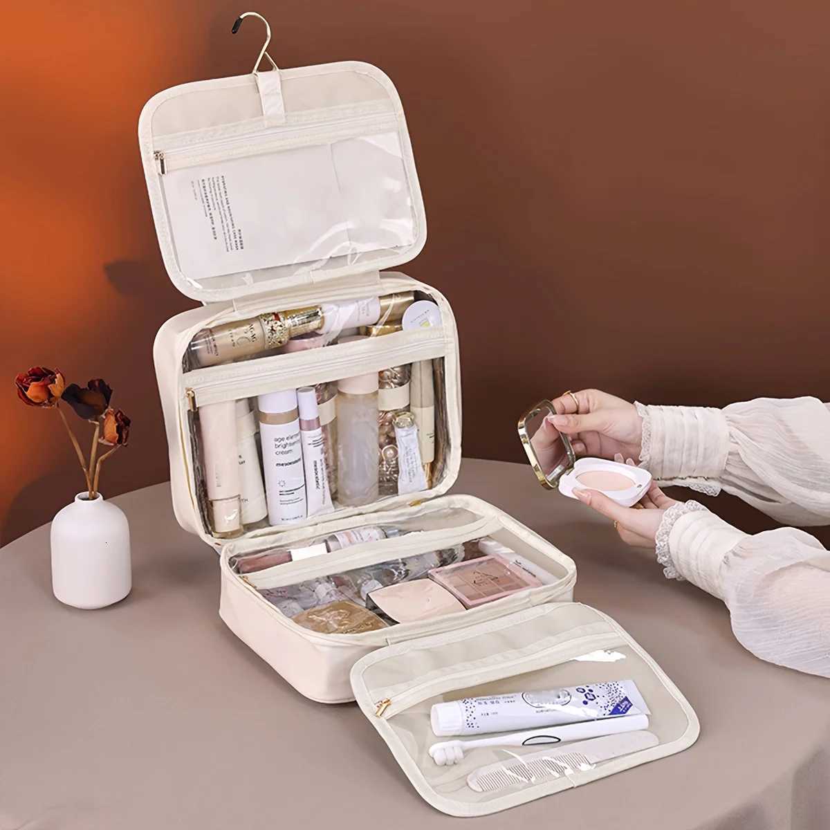 New PU Leather Hanging Cosmetic Bag For Women Portable Storage Makeup Organizer Large Capacity Travel Toiletry Storage Bags Y250808