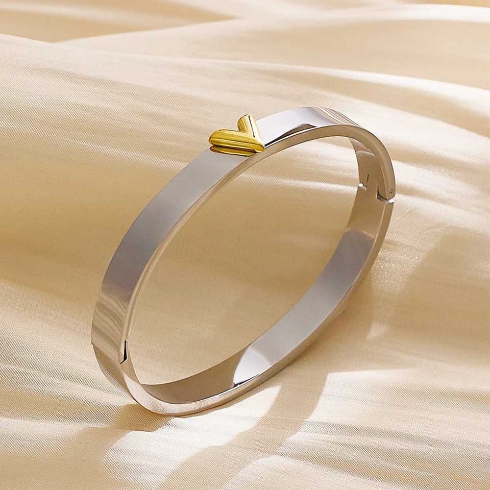 Yupsk Classic Smooth Stainless Steel Letter V Bangles for Women Men Fashion Wide Bracelet Couple Waterproof Jewelry Gift Z250807