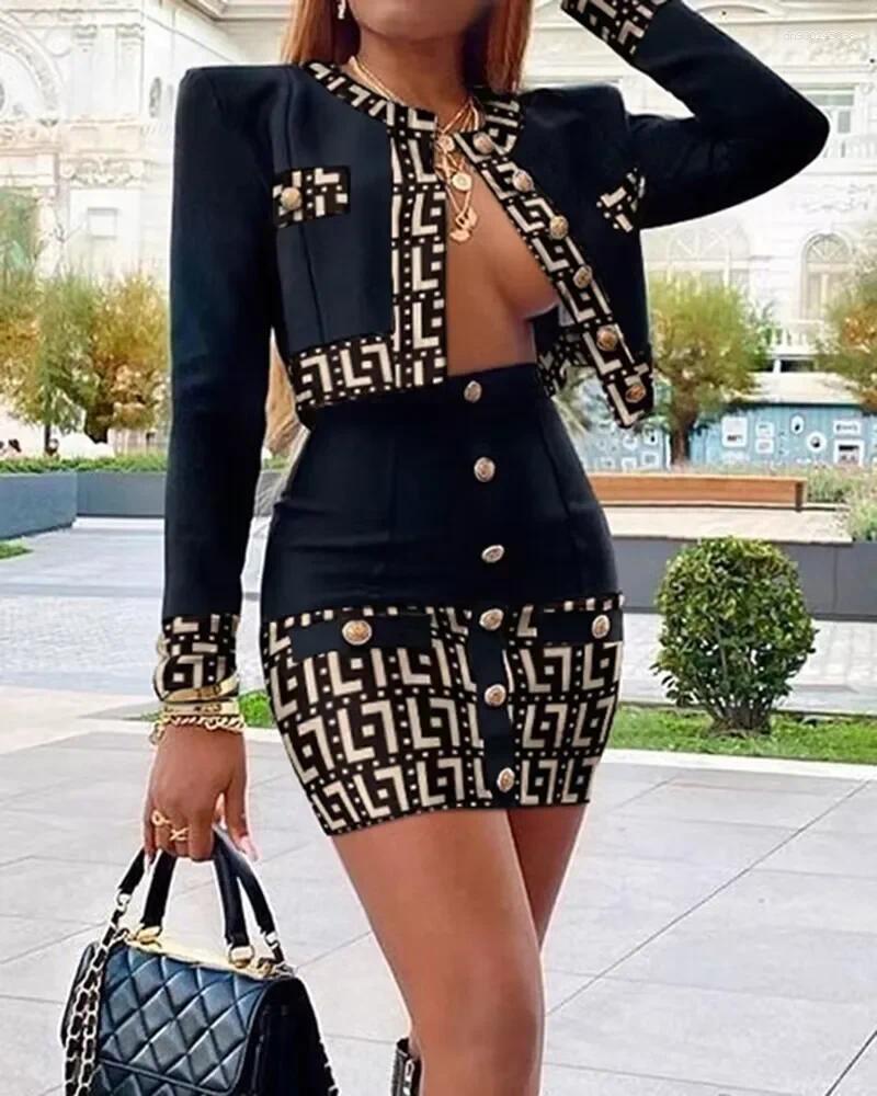 Two Piece Dress Spring Women Long Sleeve Button Sexy Bodycon Mini Skirts Coat Set Bandage High Street Celebrate Women's