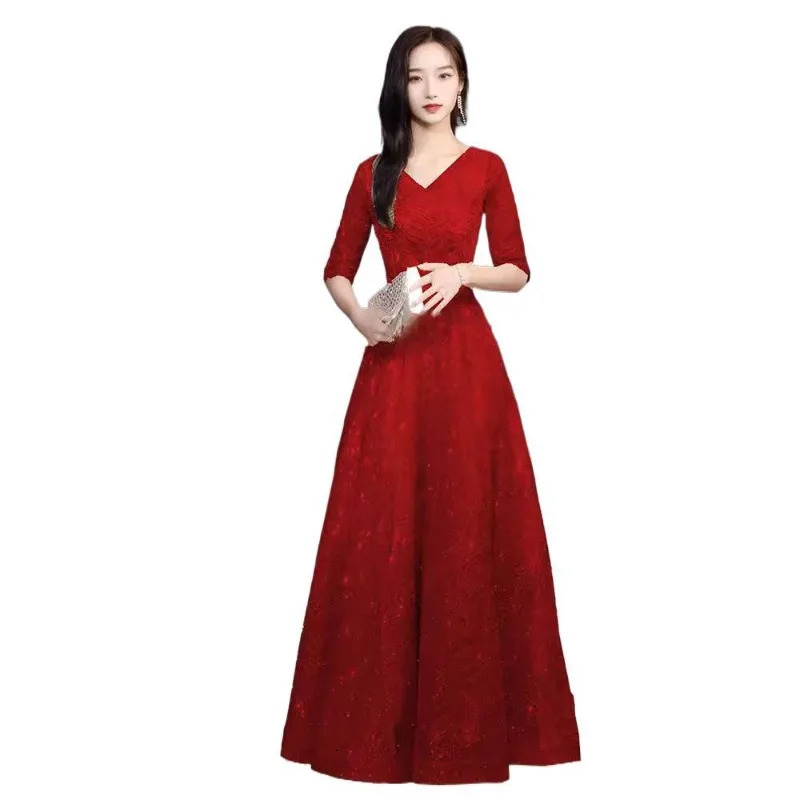 Womens Summer V-neck Gold Evening Dress Fashion Banquet Show Slimming Meeting Starry Sky Annual Meeting Lace Long Sleeve Dress 250728