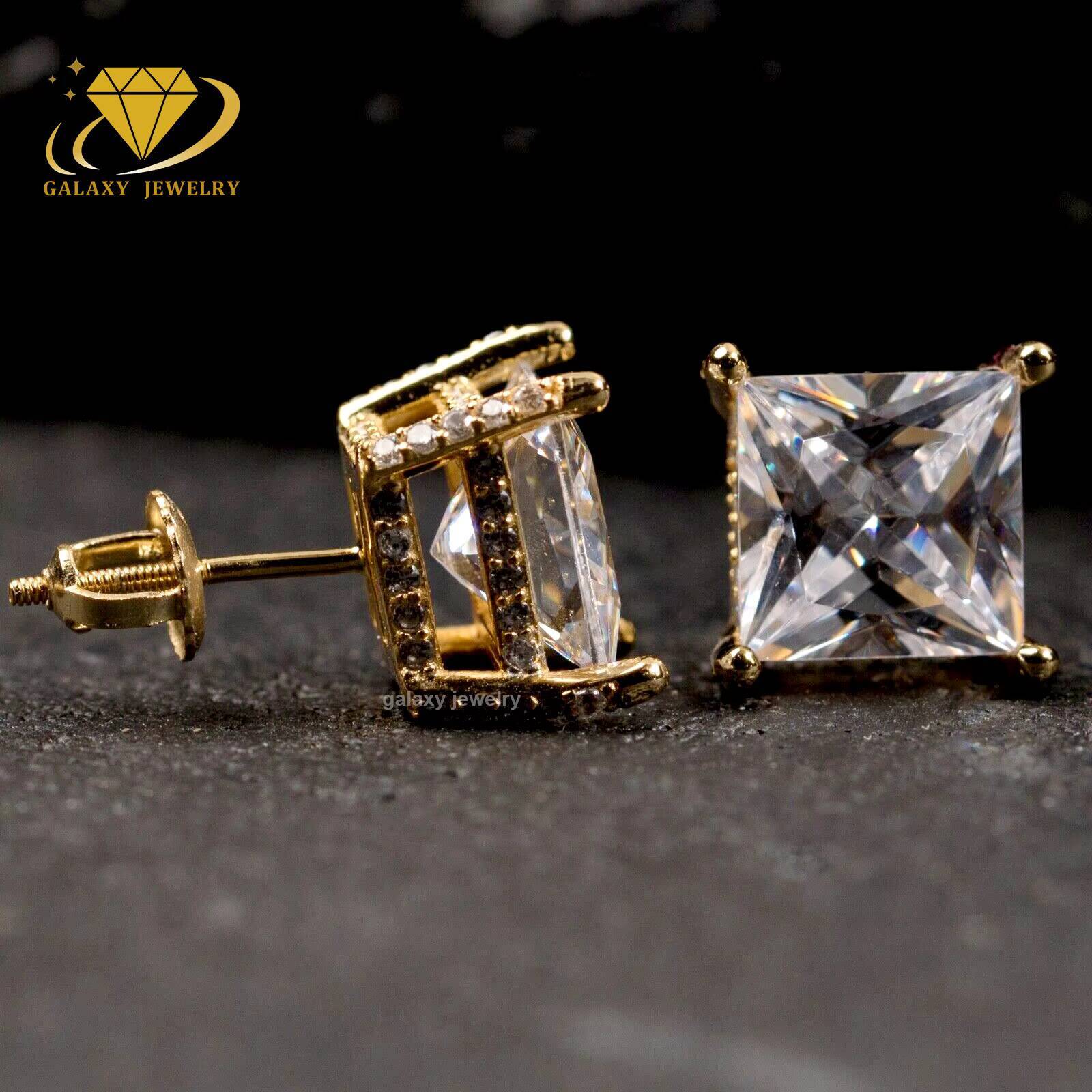 Full Iced Out Mens Large Square Studs Princess Cut Vvs Moissanite Diamond Gold Plated 925 Sterling Silver Hip Hop Earrings