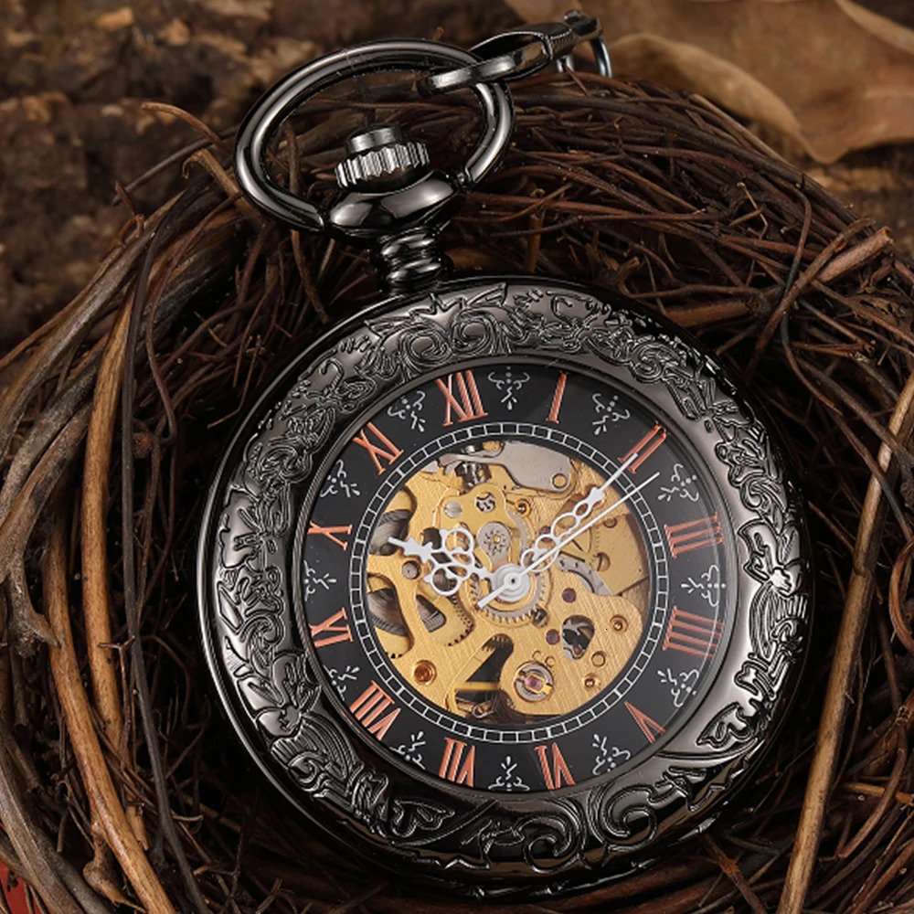 Pocket Watch with Chain for Man Mechanical Skeleton Roman Numeral Quality Engraved Clock Pocket Watches for Women Lady 250807