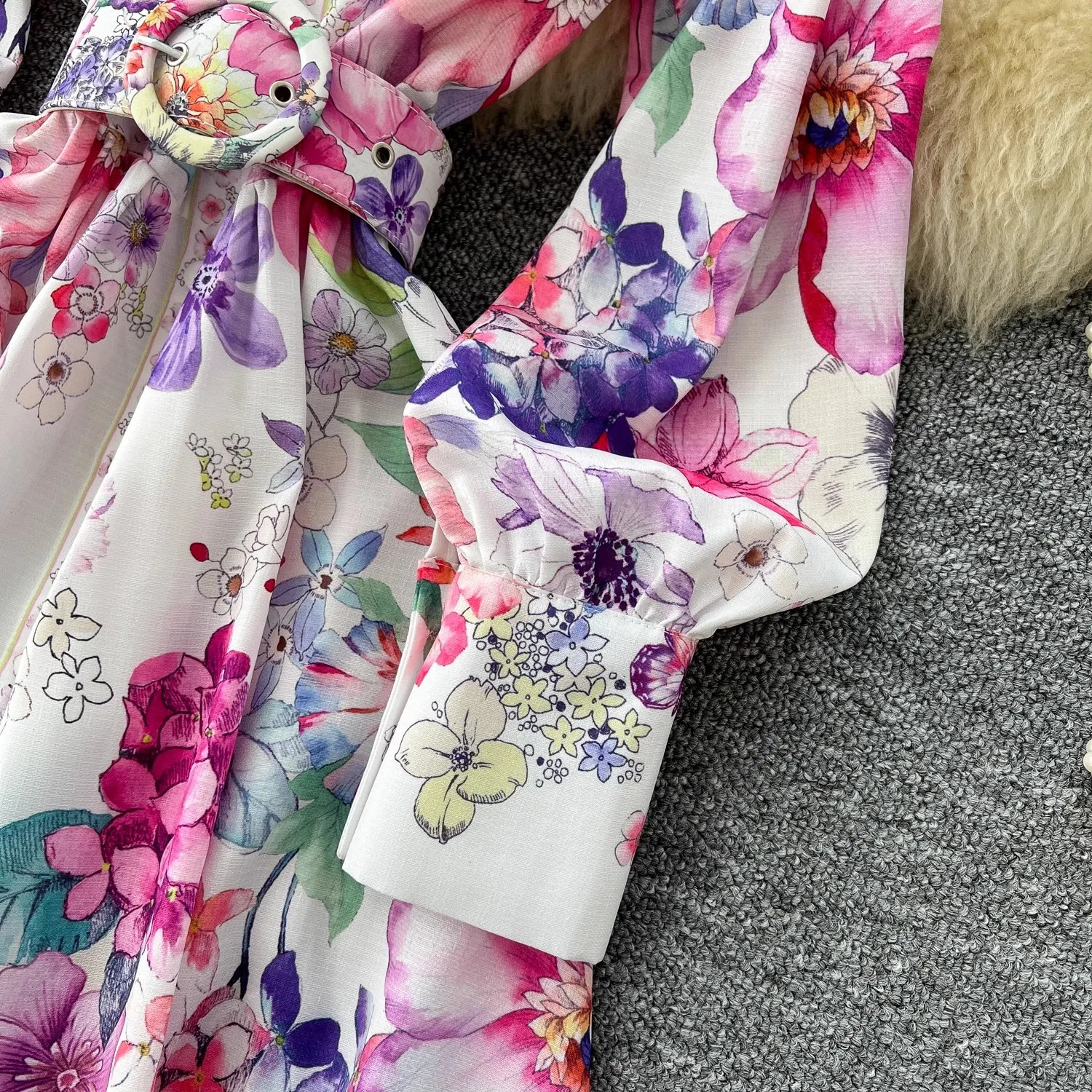 Runway 2025 Spring Summer Floral Print Long Shirt Dress Womens Turtleneck Lantern Sleeve Print Belt Casual Holiday Dress Female 250728