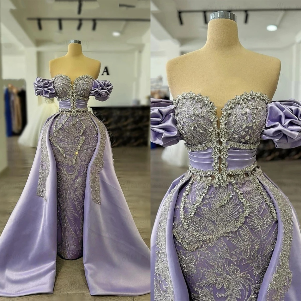 Gorgeous Evening Dresses For Women Sweetheart Neck Off Shoulder Sleeveless Gown Crystal Sequins Detachable Train Dress Party Customized Dress