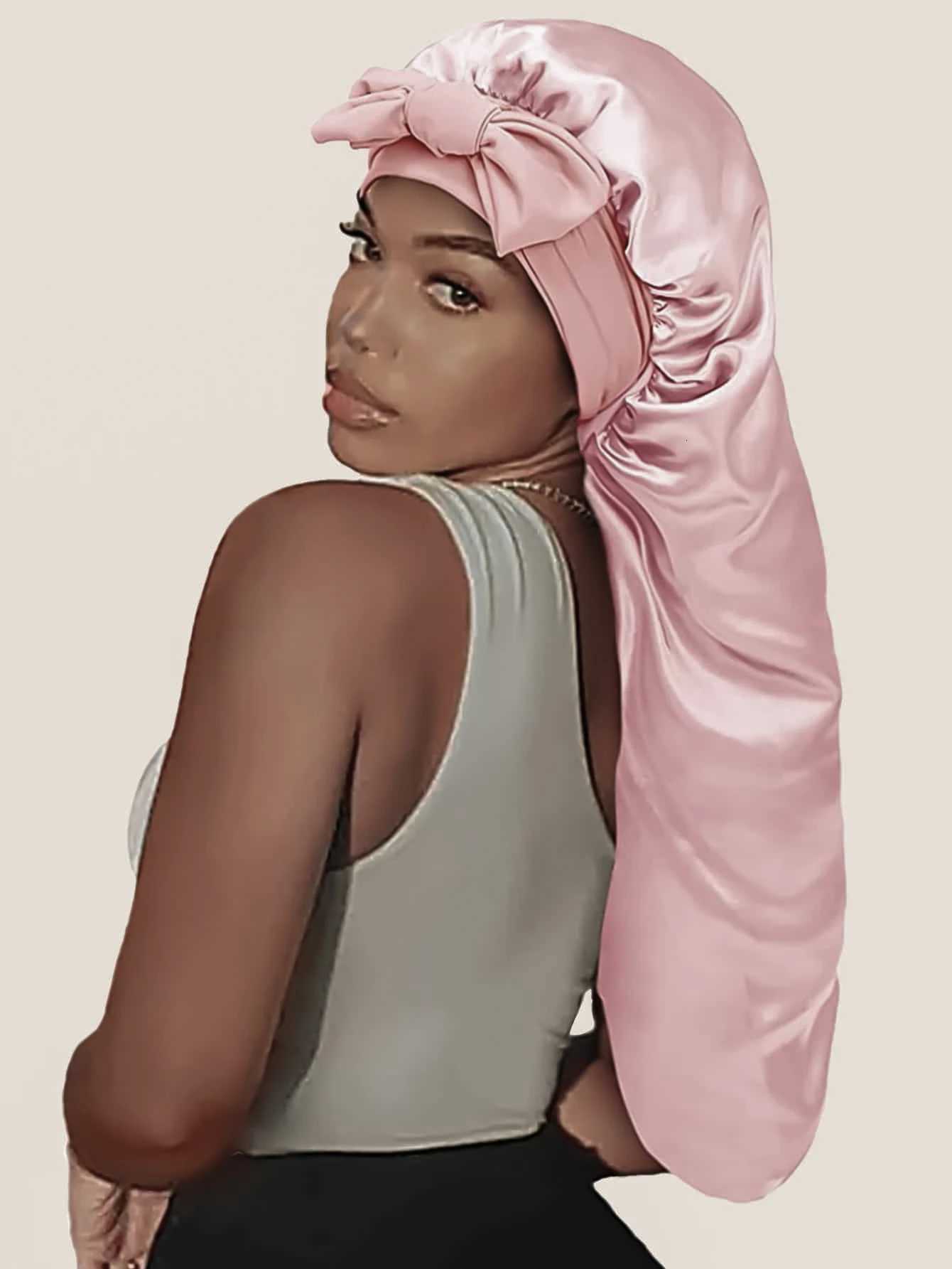 Women Long Oversized Elastic Satin Bonnet Sleeping Cap With Ribbon Breathable Sleeping Cap Turban Sleep Headwear Bandanas Z250808