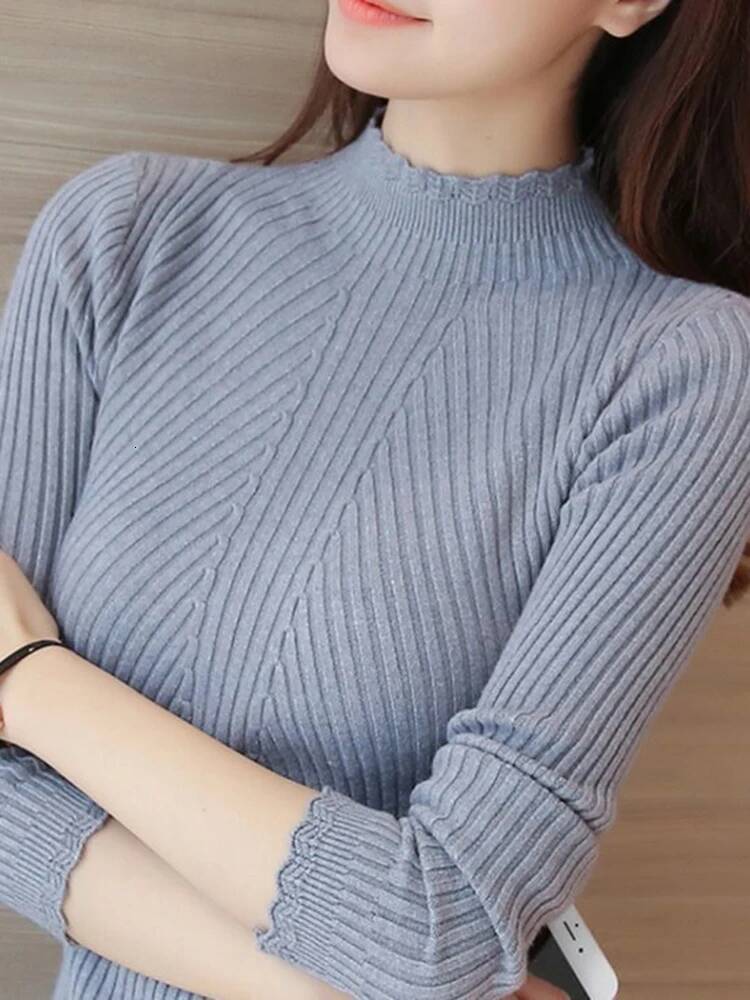 2025 Autumn Mock Neck Ruffles Long Sleeve Knitted Bottoming Solid Pullovers Stripe Women Casual Sweater Winter dongdumaoyi