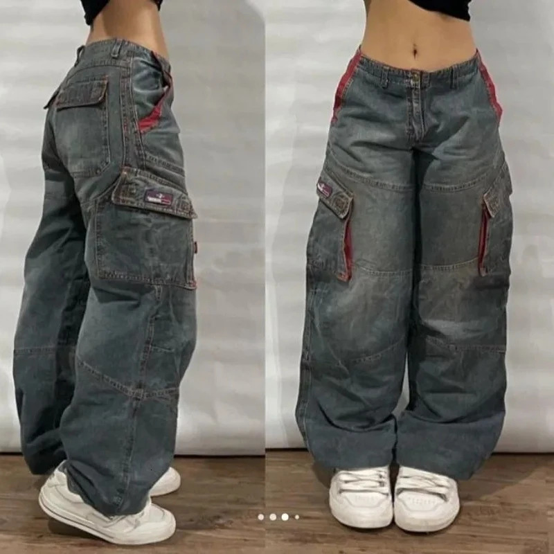 Y2K Fashion Baggy Jeans Denim Cargo Pants Womens Vintage Multi Pocket High Waist Harajuku Gothic Wide Trouser Streetwear 250804