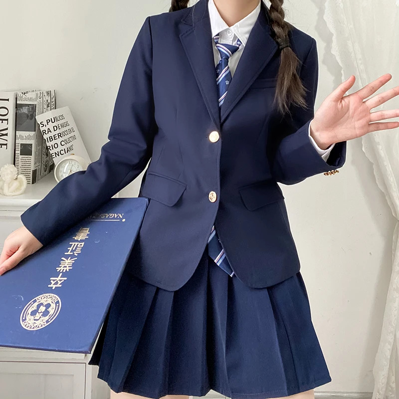 2023 Korean School Uniform Navy Blue Blazer Japanese High Coat Suit Clothes Girl Students Jacket Seifuku 250729