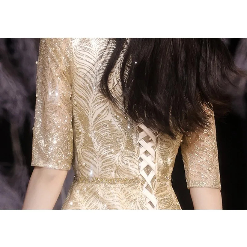 Womens Summer V-neck Gold Evening Dress Fashion Banquet Show Slimming Meeting Starry Sky Annual Meeting Lace Long Sleeve Dress 250728