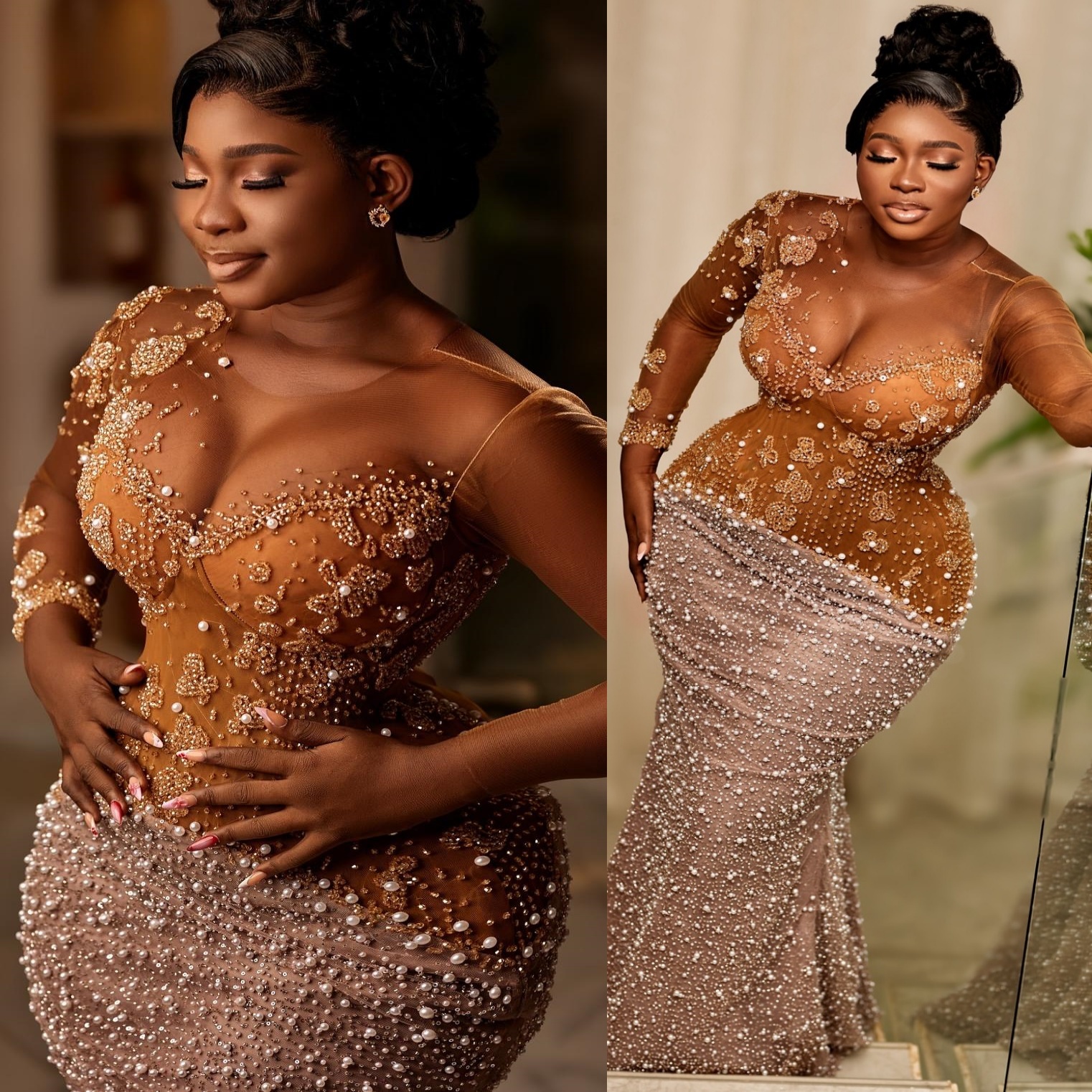 Mermaid Brown Prom Dresses 2025 Illusion Pearls Lace Sequined Evening Formal Party Second Birthday Engagement Gowns Plus Size Dress For Special Occasi