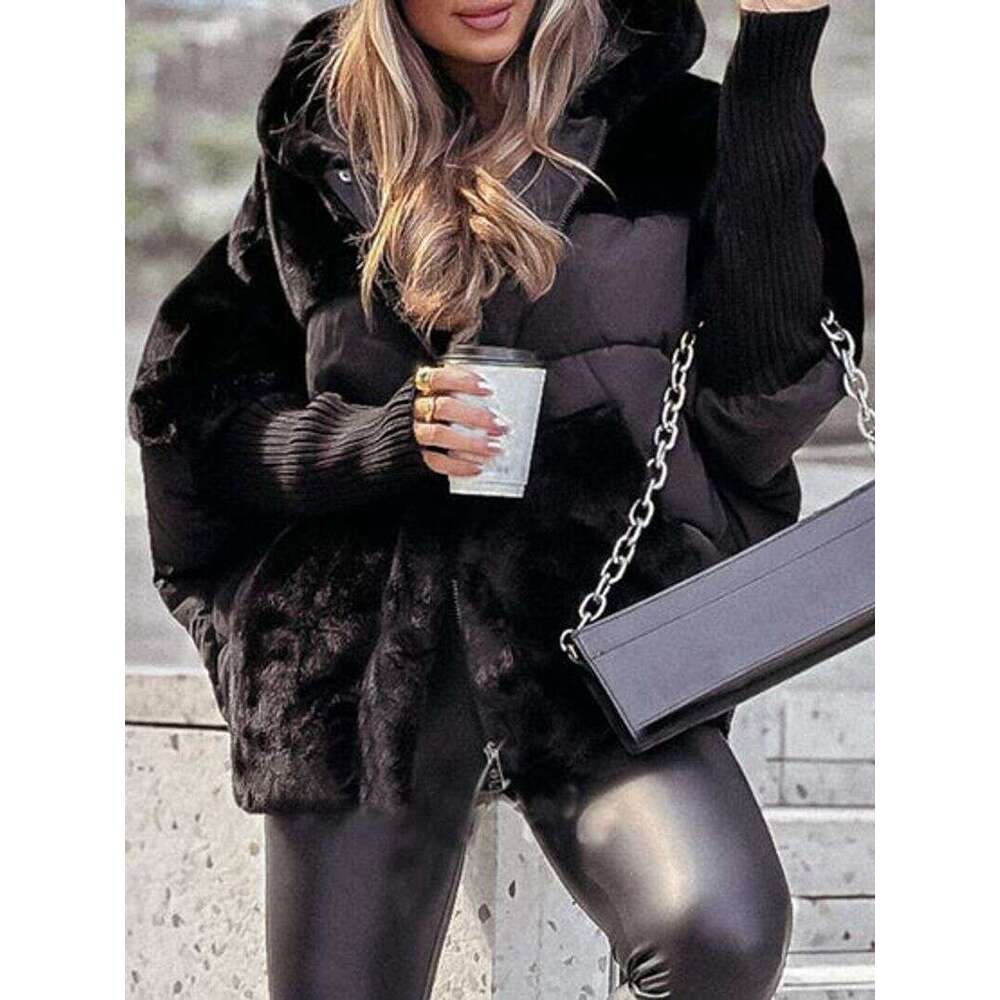 Winter women's loose down jacket with knitted sleeves
