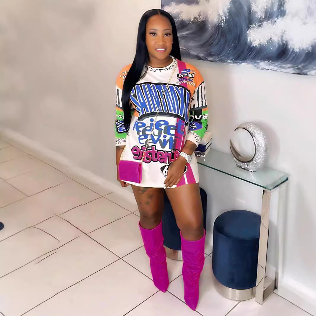 Fashion Shirts Dress Women Print Autumn Long Sleeve O Neck Oversize Plus Size Mini Casual Loose Streetwear Sweatshirt 210513 250808