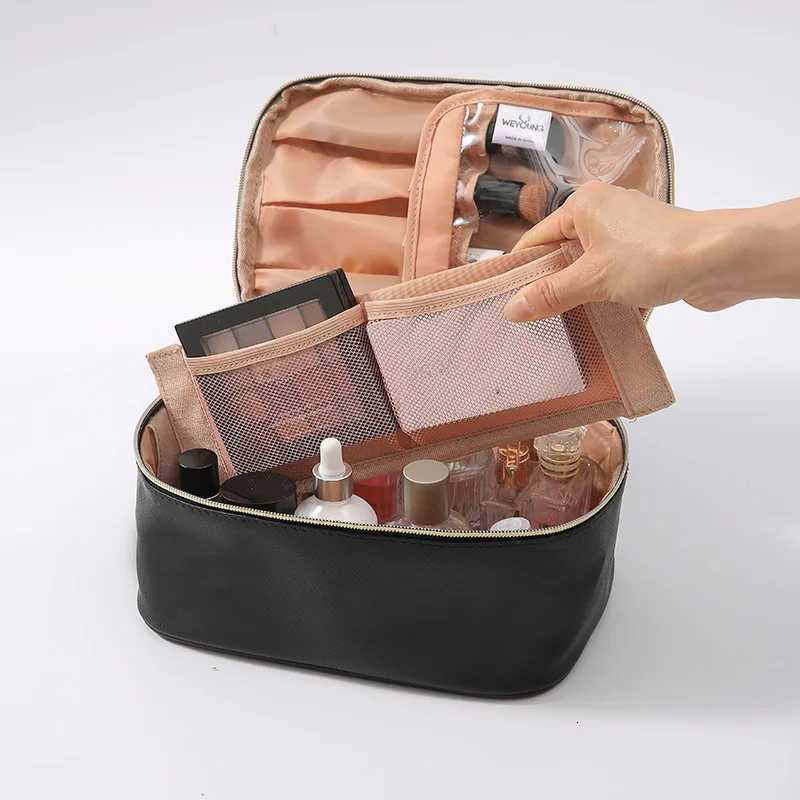 Fi Korean Large Square Tote Travel Cosmetic Bags Case PU Leather Makeup B Toiletry Organizer Storage Bag Y250808