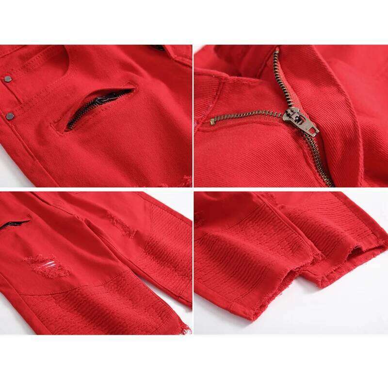 2025 Summer New Men's Jeans Pleats and Holes Decorated Shorts, Men White Black Blue Red Denim Shorts
