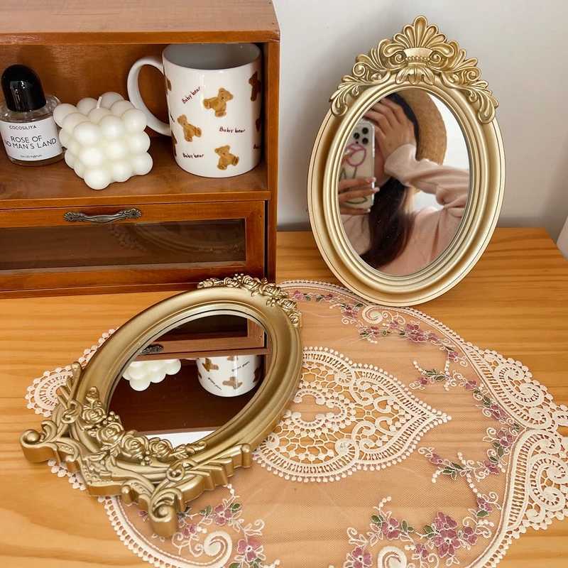 rustic French palace style carved frame table mirror gold mirror tray decorative home mirror bedroom table makeup mirror Z250807