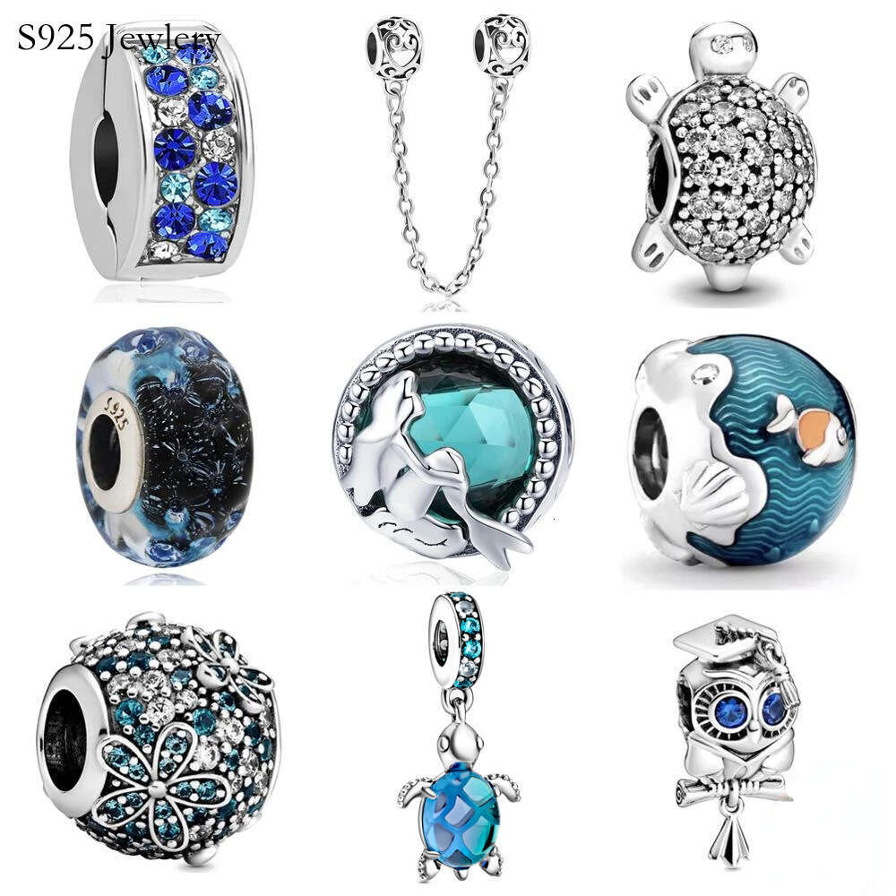 New Trendy 925 Sterling Silver Blue Murano Glass Ocean Mermaid Wine Beads For Jewelry Making Pendant Perfect For S925 Snake Charm Bracelet