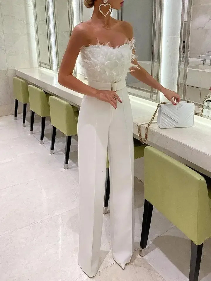 Elegant Jumpsuit Women Long One Piece Strapless White Slash Neck Feather Y2k Top Sexy Wedding Party Night Evening Rompers Summer 250714