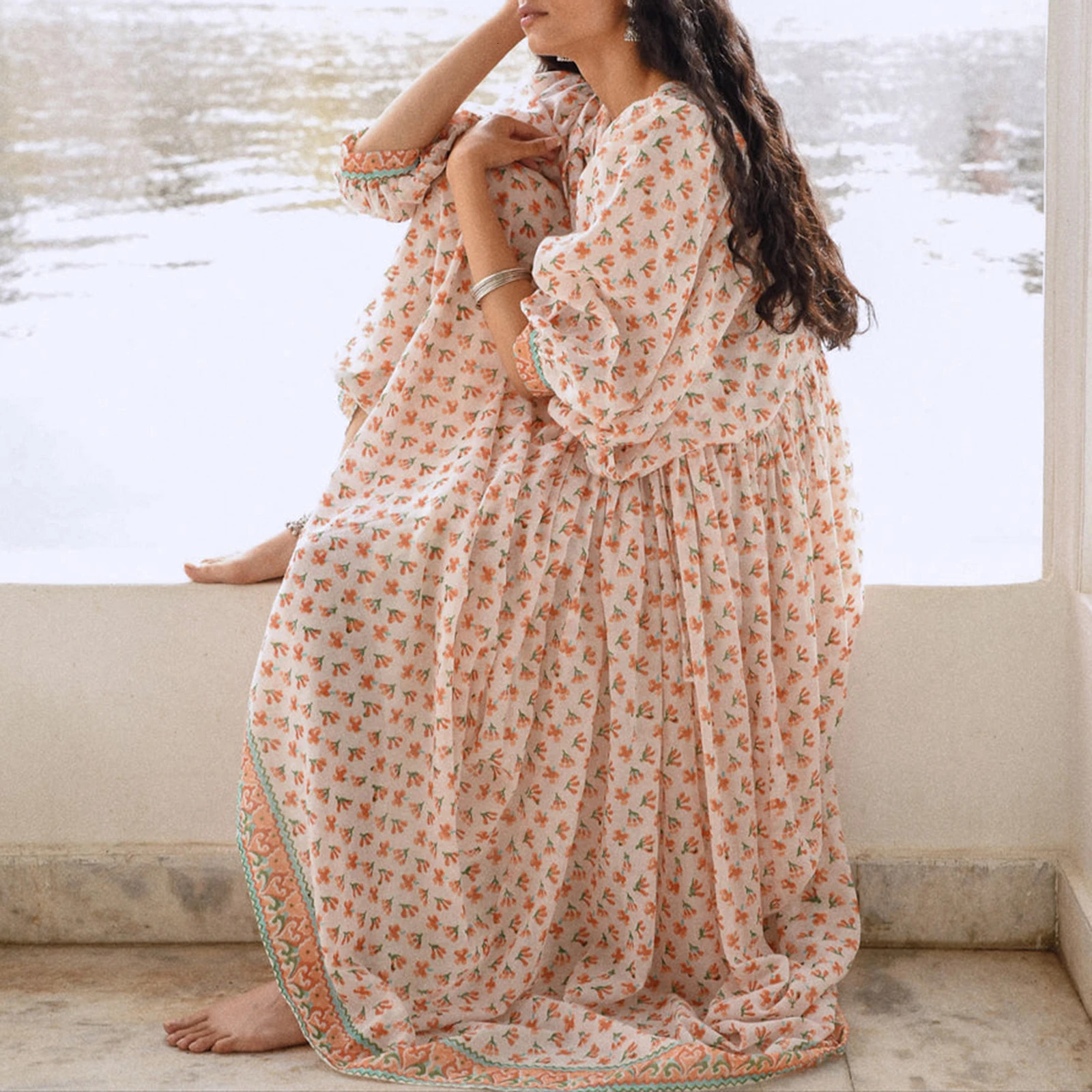 Combhasaki Womens Y2K Lantern Puff 3/4 Sleeve Lace-up Deep V Neck Floral Print Summer Casual Loose Fit Swing A-Line Long Dress 250728