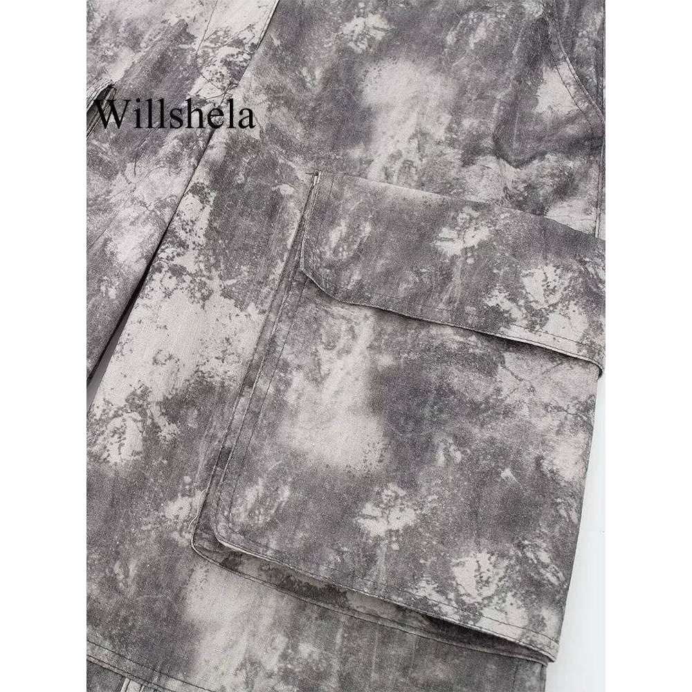 Willshela Women Fashion With Pockets Printed Front Zipper Cargo Pants Vintage High Waist Full Length Female Chic Lady Trousers