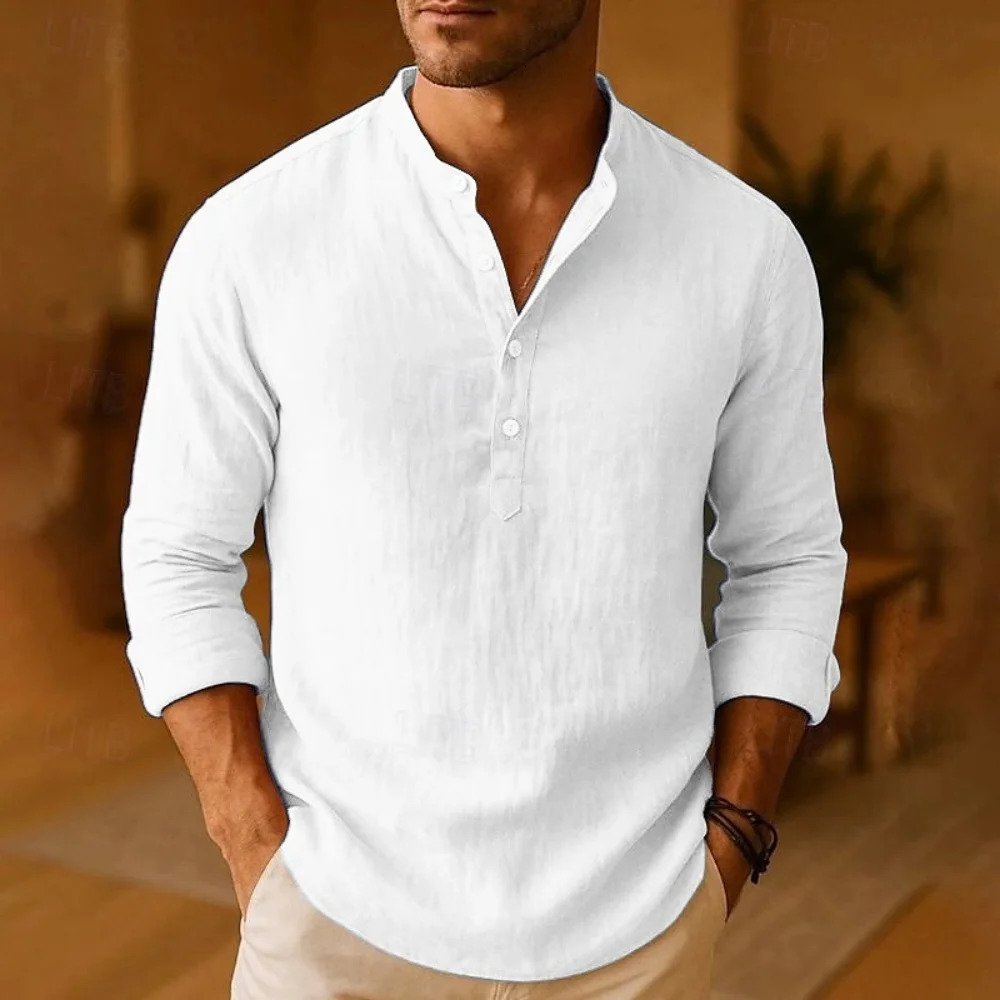 Men Casual Shirts Lightweight Long Sleeve Henley Cotton for Beach Linen Hawaiian Breathable Collar Tops 250808