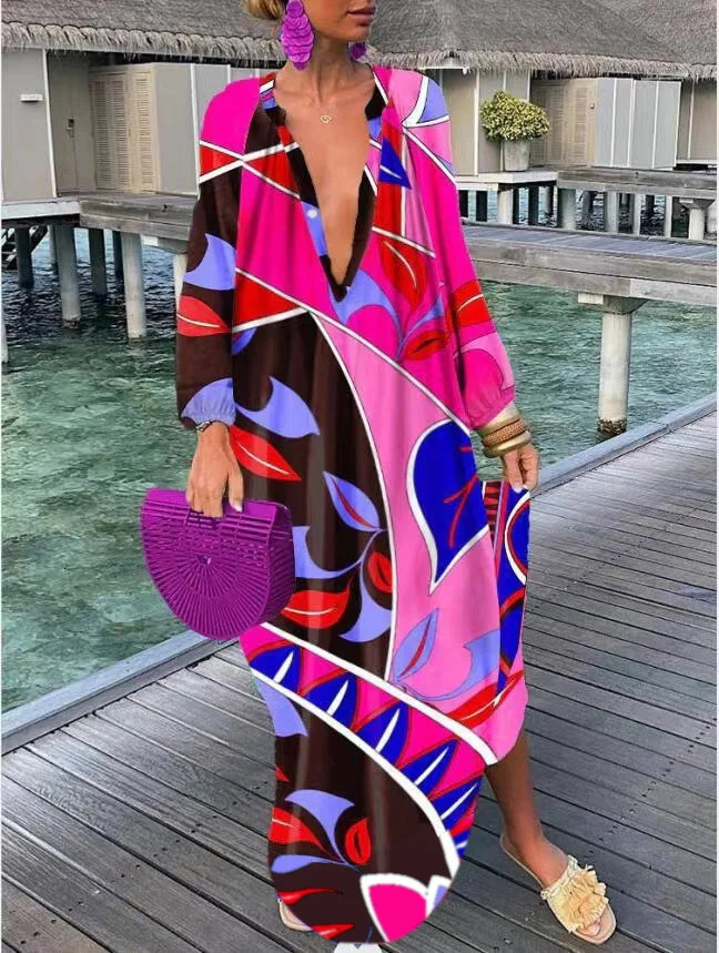 Women Boho Print Loose Beach Dress 2025 Spring Summer Elegant Deep V-Neck Maxi Dress Ladies Sexy Long Sleeve Oversized Dresses 250728