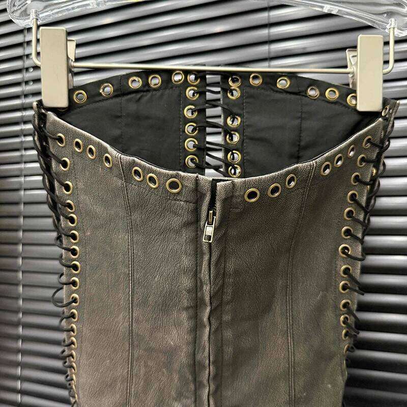 Fashion Vintage Bandage Design Hollow Out PU Short Strapless Vest For Women Outwear High Street Tank Tops Female 11