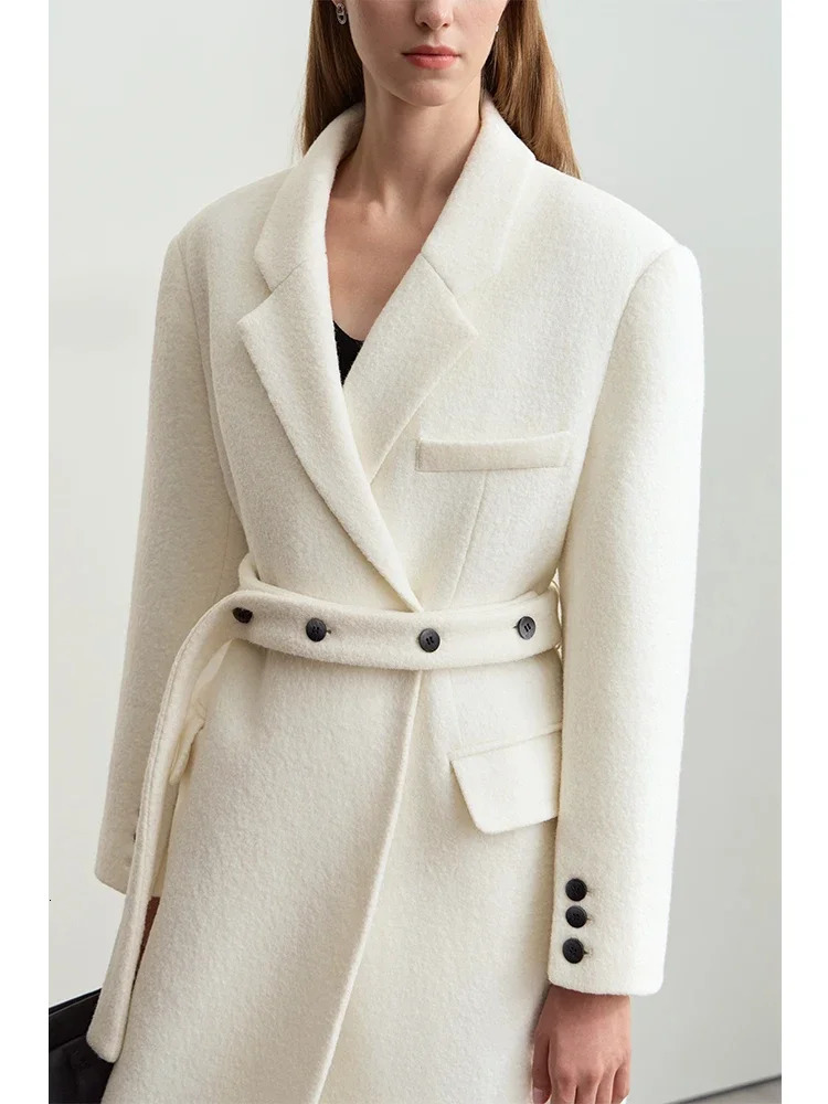 Amii minimalist winter womens suit collar full wool with belt woolen jacket shoulder pads long upper coat 12424068 250805