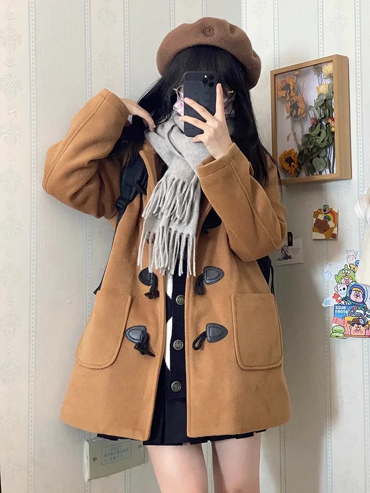 Winter Japanese College Style Hoodie Woolen Coats Women Clothing Mid Length JK Uniform Bull Horn Button Coat Winter Clothes 250805