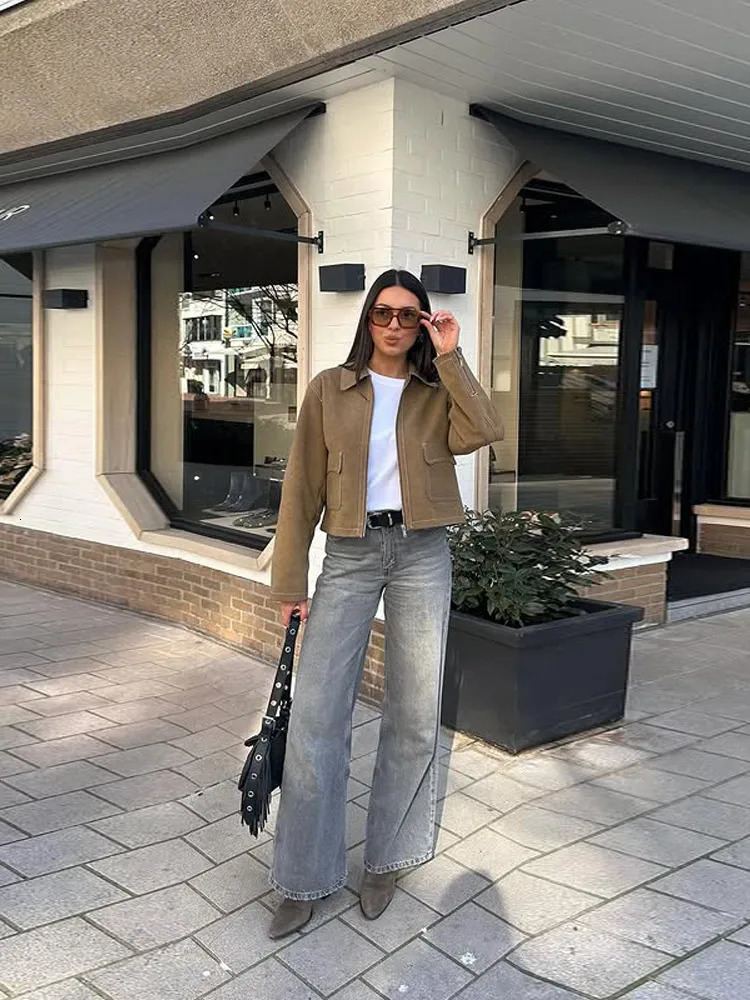 Vintage Suede Lapel Zipper Short Jacket Women Casual Loose Solid Pocket Jackets Female Versatile Fashion Street Outwear 250805