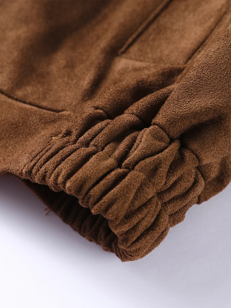 Urban Vintage Brown Suede Short Jackets Women Long Sleeve Zipper Pocket Bomber Coats Spring Fashion Lady Street Outwears 250805