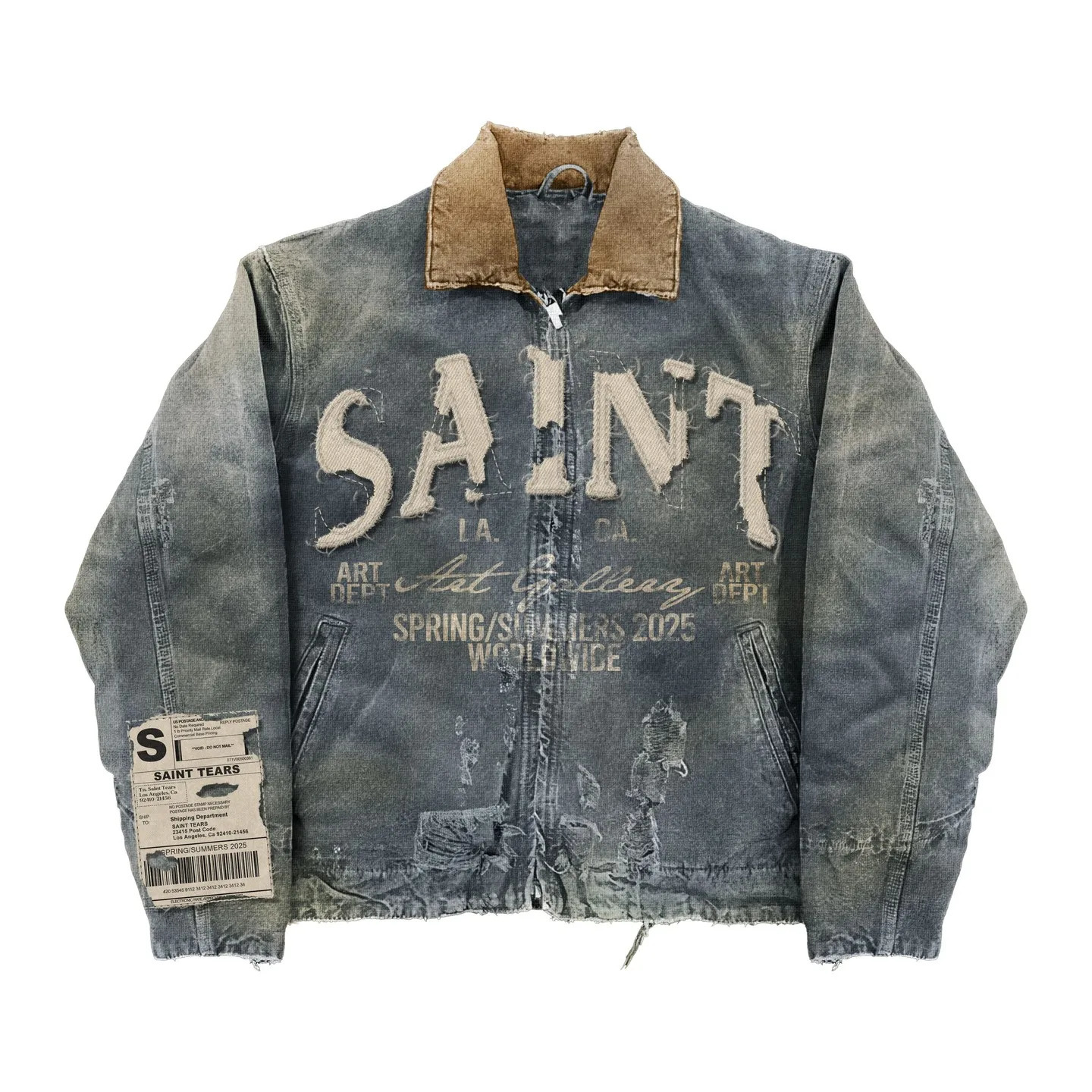 Vintage Y2K Embroidered Denim Jacket Distressed Urban Streetwear Collar for Mens and Womens Clothing Jackets Coats 250805