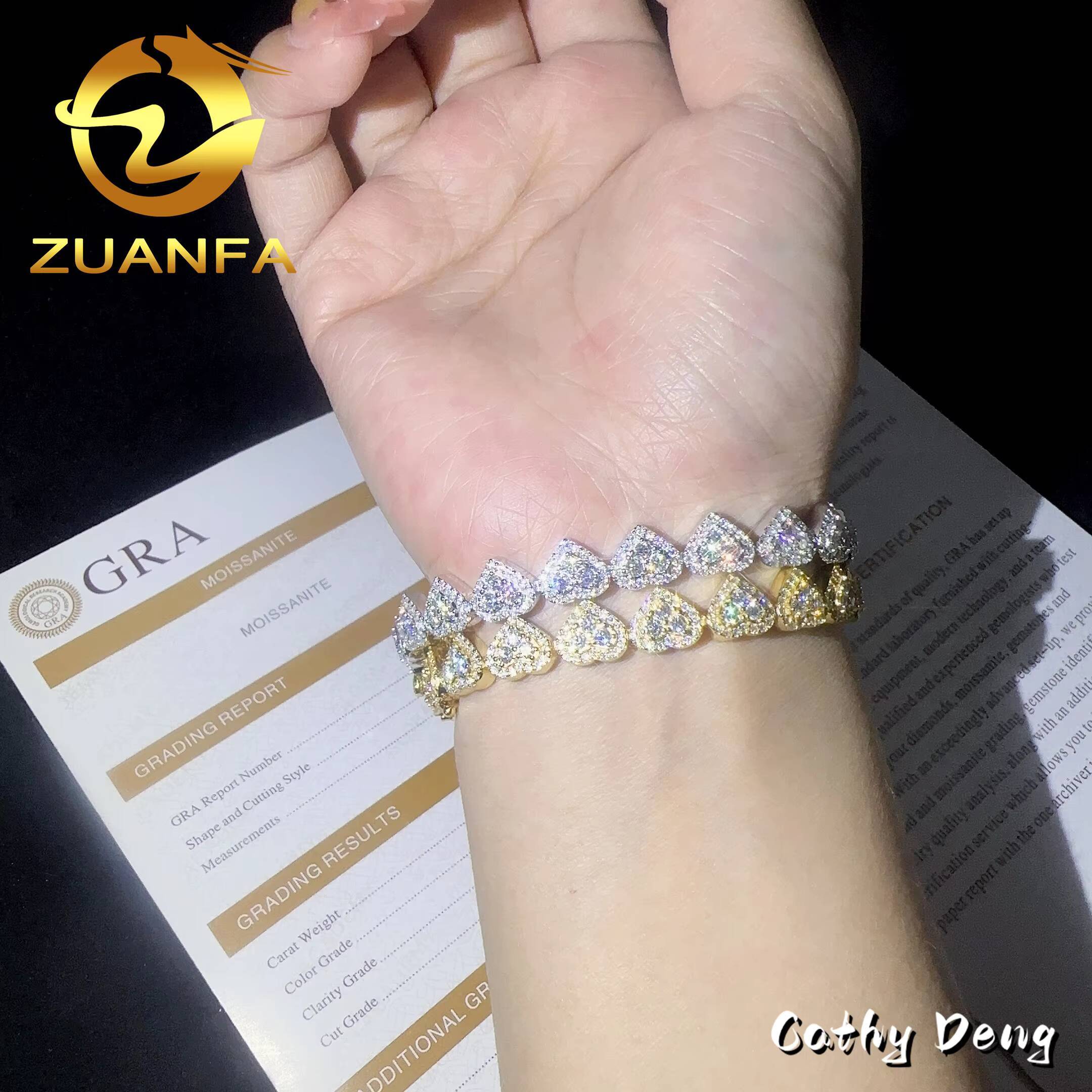 Fine Jewelry 8mm Heart Shape VVS Moissanite Cuban Link Bracelet 925 Silver Moissanite Hip Hop Jewelry Cuban Chain for Men Women