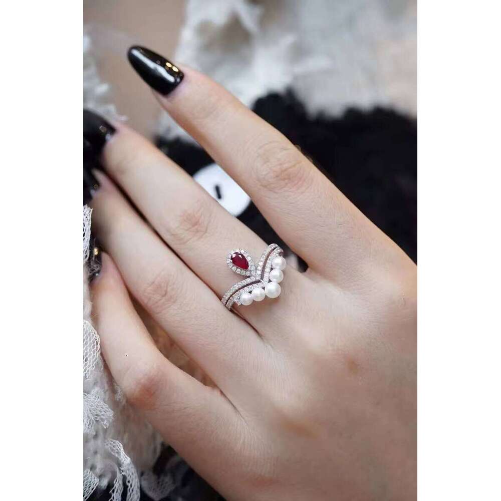 Jewelry Unique Design Natural Pearl Big Red Stone Ruby D Color VVS Moissanite White Gold Rings for Gift